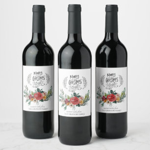 Personalised Merry Christmas Typography Floral Wine Label