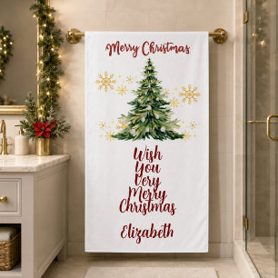 Personalised Merry Christmas Watercolor Tree Bath Towel