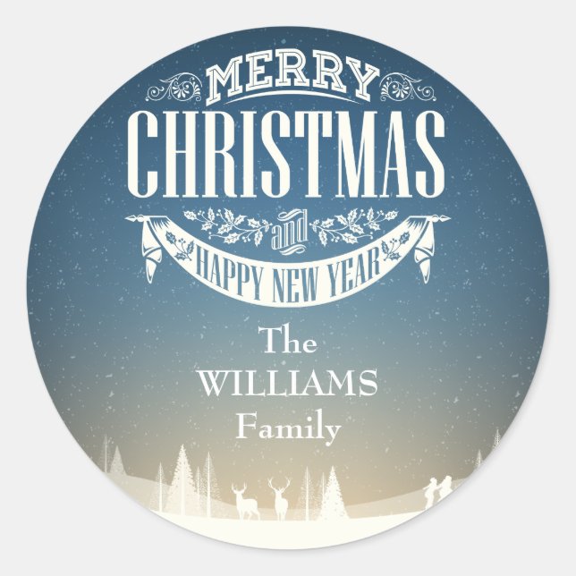Personalised Merry Christmas Winter Snow Scene Classic Round Sticker (Front)