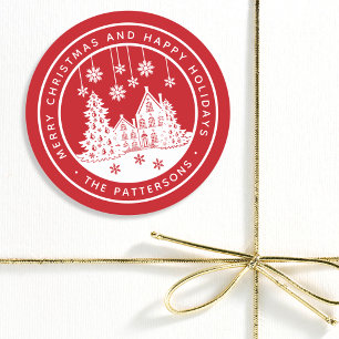 Personalised Merry Christmas Winter Village Classic Round Sticker