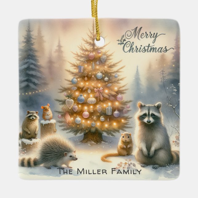 Personalised Merry Christmas Woodland Animals  Ceramic Ornament (Front)