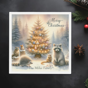 Personalised Merry Christmas Woodland Watercolor,  Napkin