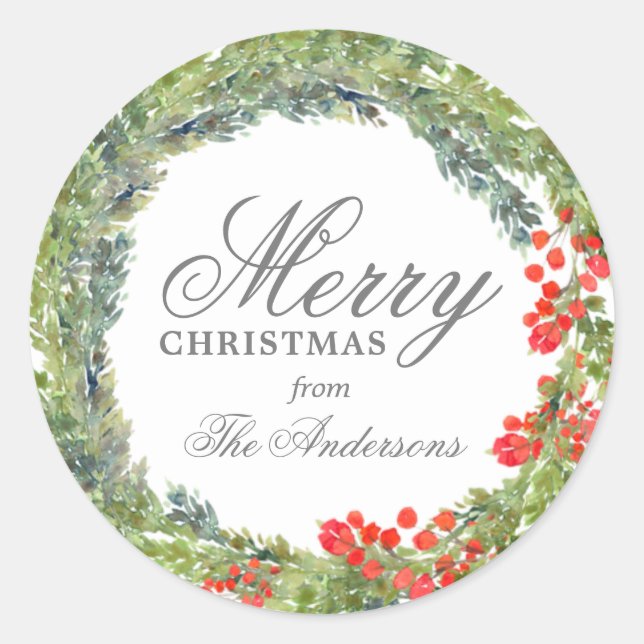 Personalised Merry Christmas Wreath Classic Round Sticker (Front)