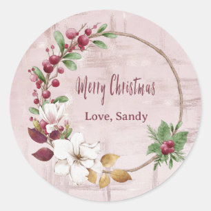 Personalised Merry Christmas Wreath Rose Gold Classic Round Sticker