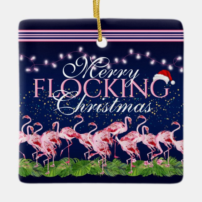 Personalised Merry Flocking Christmas Flamingo Ceramic Ornament (Front)