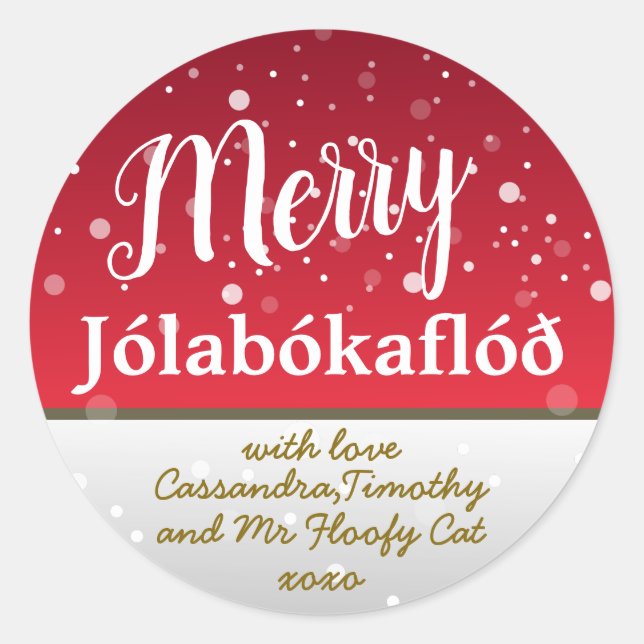 Personalised Merry Jólabókaflóð Red Family Classic Round Sticker (Front)