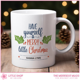 Personalised Merry Little Christmas Holly Leaf Coffee Mug