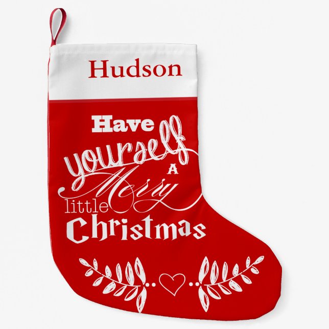 Personalised Merry Little Christmas Red White Small Christmas Stocking (Front)