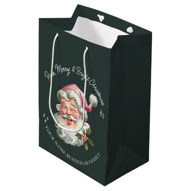 Personalised Merry Pink Christmas Santa retro Medium Gift Bag (Front Angled)