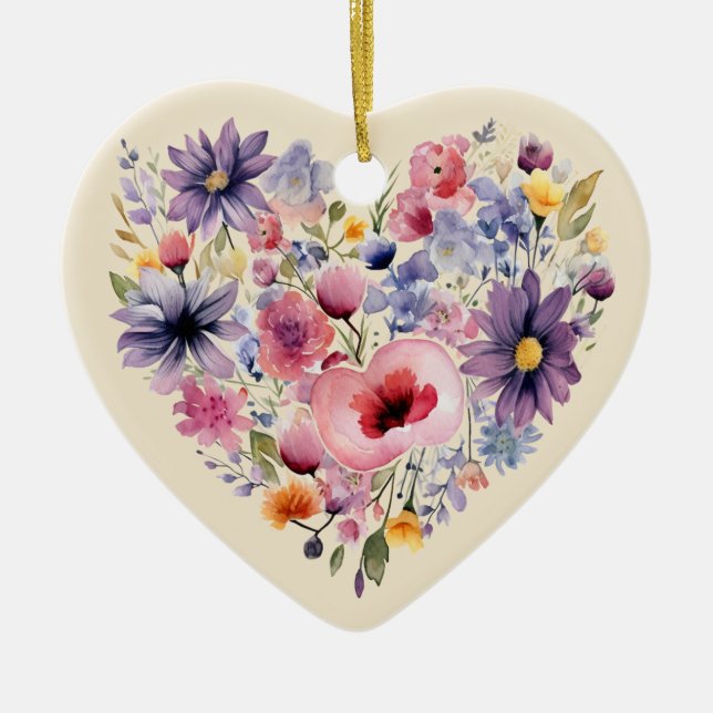 Personalised Message Colourful Floral Heart Gift  Ceramic Ornament (Front)