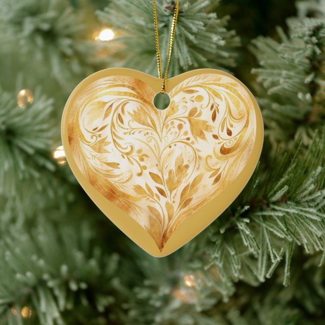 Personalised Message Colourful "Gold" Floral Heart Ceramic Ornament (Tree)