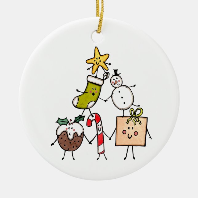 Personalised Message Cute Christmas Characters Ceramic Ornament (Front)