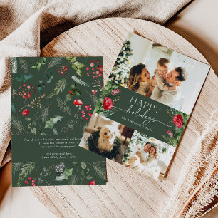 Personalised Message Forest Green Foliage 3 Photo Holiday Card