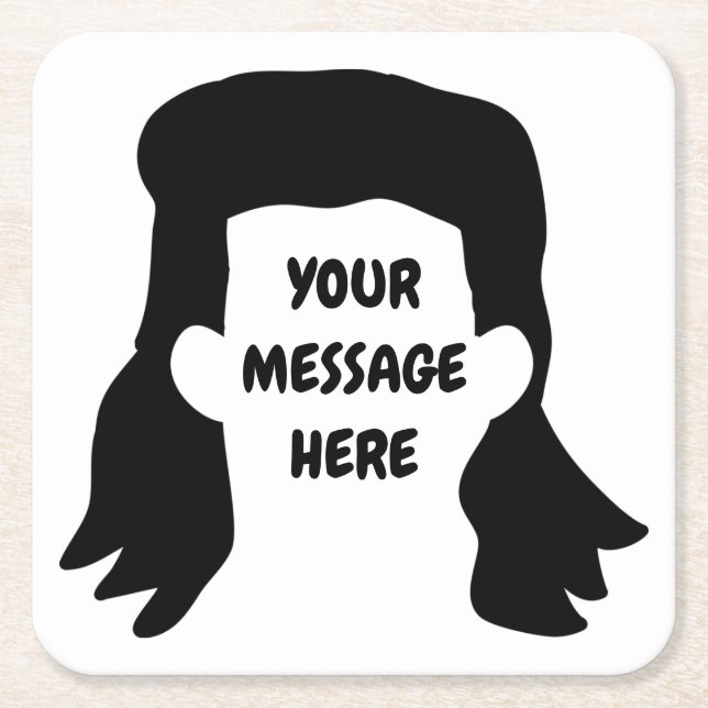 Personalised Message Funny Mullet Illustration Square Paper Coaster (Front)