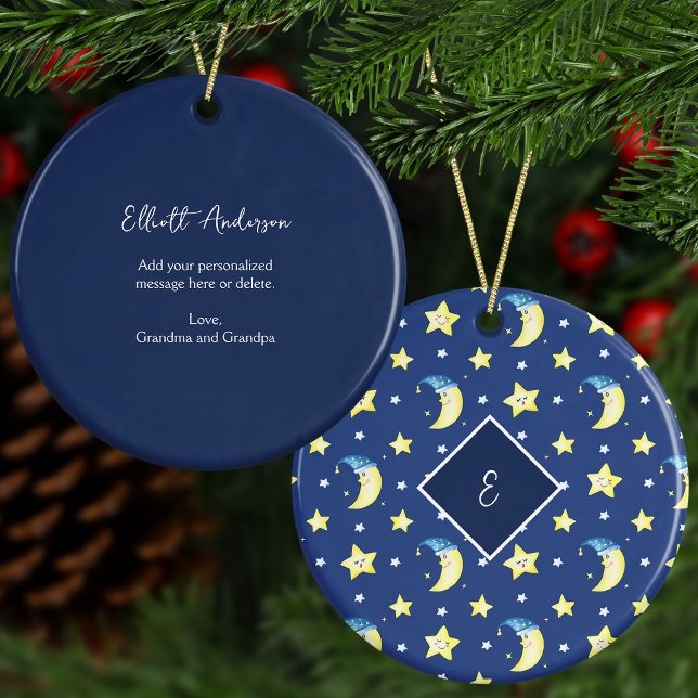Personalised Message Moon and Stars Blue Christmas Ceramic Ornament (Creator Uploaded)