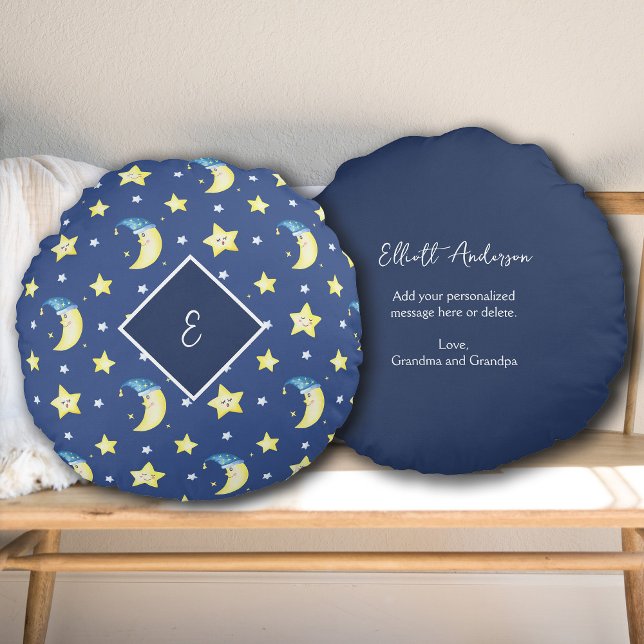 Personalised Message Moon and Stars Blue Round Cushion (Creator Uploaded)