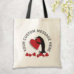 Personalised Message Penguin and Red Heart Tote Bag