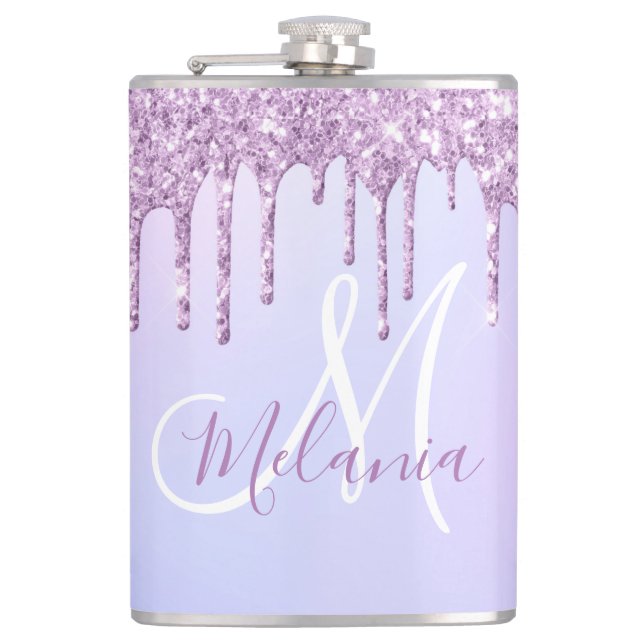Personalised Metallic Purple Drip Lavender Pour    Hip Flask (Front)