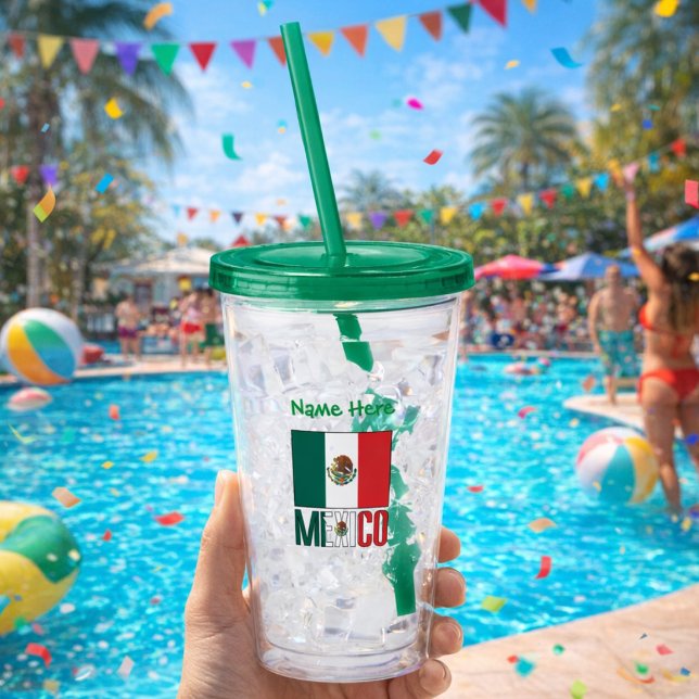 Personalised Mexico Flag Acrylic Tumbler (Personalized acrylic tumbler has the Mexican Flag and MEXICO in flag colors. Add a name above.)