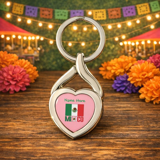 Personalised Mexico Flag Heart Key Ring (Personalized heart shaped keychain with pink background and Mexican Flag and MEXICO with name above.)