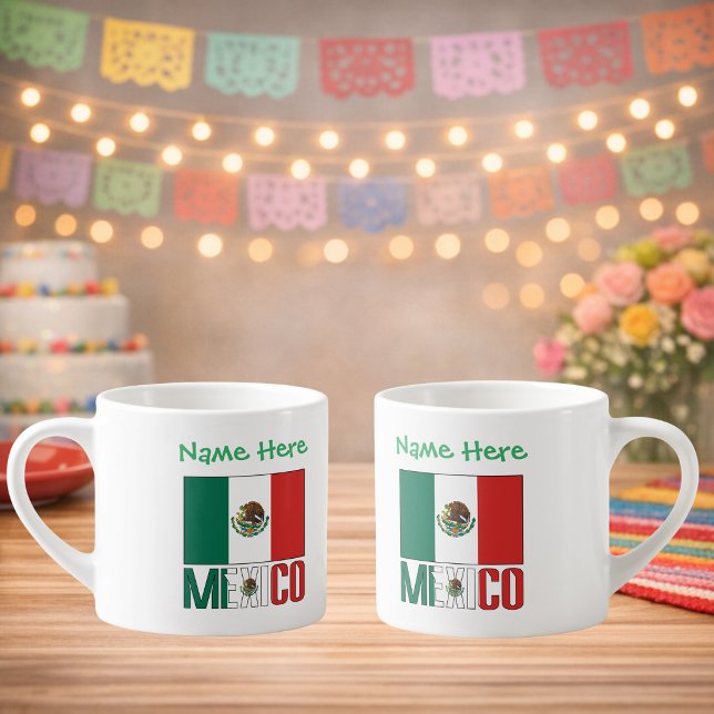 Personalised Mexico Flag Name Design Espresso Cup (Personalize espresso cup has Mexican Flag, MEXICO below in flag colors. Name above. Design 2 sides.)