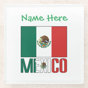 Personalised Mexico Flag Name Design Glass Coaster