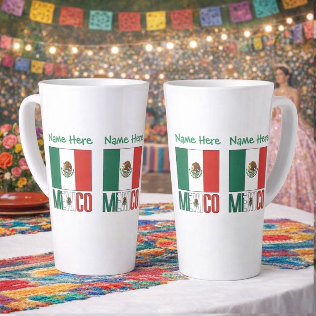 Personalised Mexico Flag Name Design Large Latte Mug (Personalized large latte mug with Mexican Flag, MEXICO below in flag colors. Add name above in green)