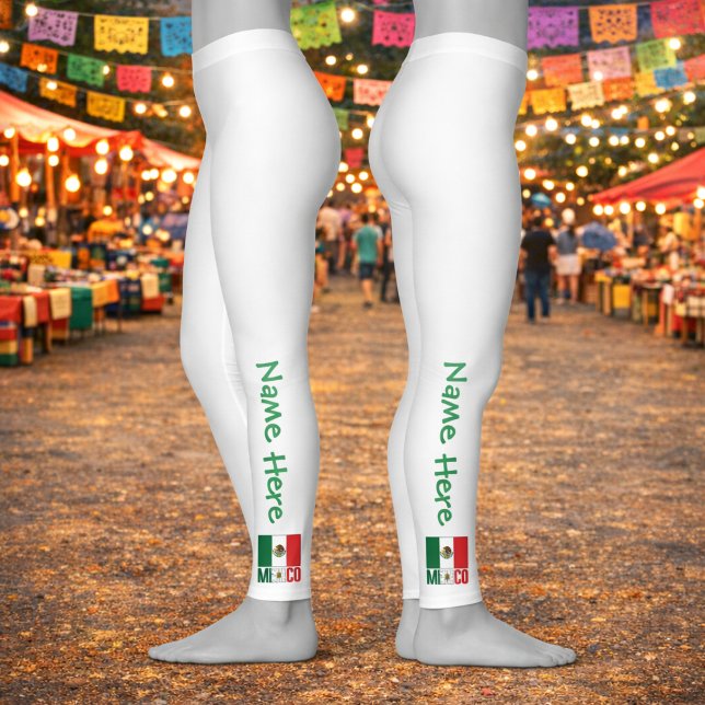 Personalised Mexico Flag Name Design Leggings (White leggings with vertical Name and Mexico flag design on both sides, festive background.)