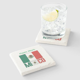 Personalised Mexico Flag Name Design Stone Coaster