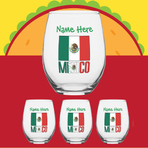 Personalised Mexico Flag Stemless Wine Glass