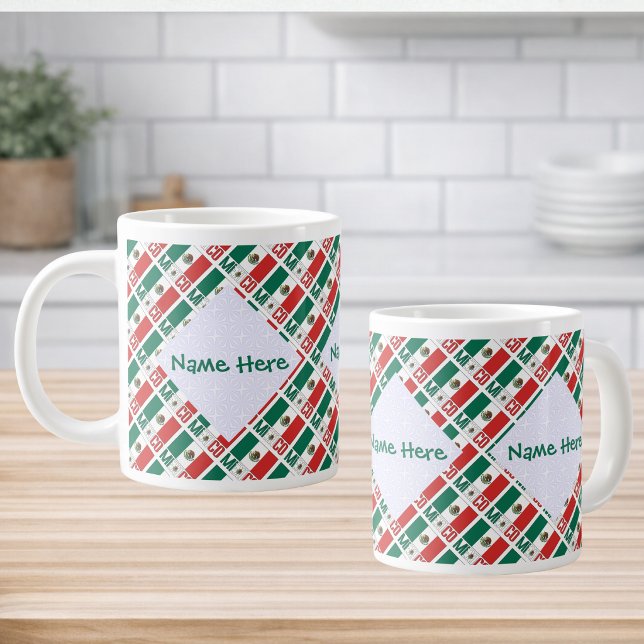 Personalised Mexico Flag Tiled Large Coffee Mug (Personalized jumbo mug tiled Mexican Flag and MEXICO below. 3 squiggly squares fractals for name.)