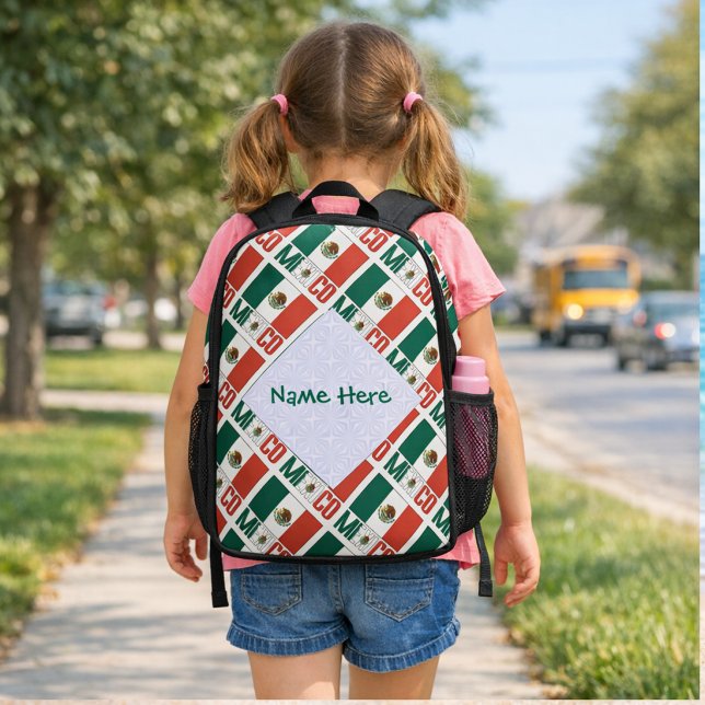 Personalised Mexico Tiled Flag Printed Backpack (Personalized backpack has tiled Mexican Flag and MEXICO. Ad name inside white fractal.)