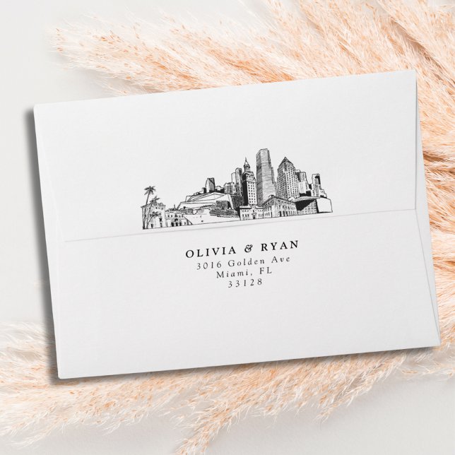 Personalised Miami Skyline Sketch Envelope (Miami wedding invitation envelope)
