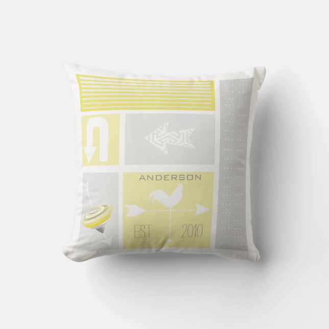 Personalised Mid-Century Grey Yellow Aqua Farm Cushion (Front)