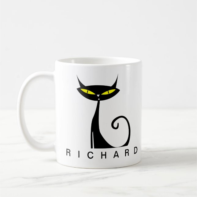 Personalised Mid Century Modern Atomic Black Cat Coffee Mug (Left)