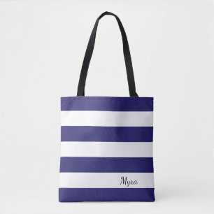 Personalised Midnight Blue and White Striped Tote Bag
