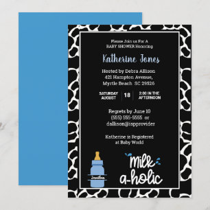 Personalised Milkaholic Cowprint Baby Boy Shower   Invitation
