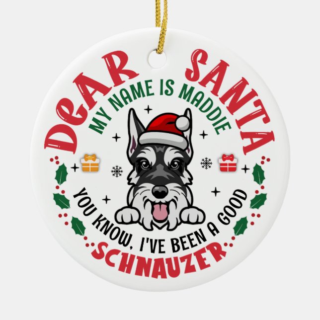 Personalised Miniature Schnauzer Dog Christmas Ceramic Ornament (Front)
