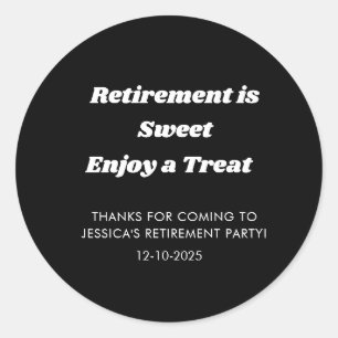 Personalised Minimal Black Retirement party Favour Classic Round Sticker