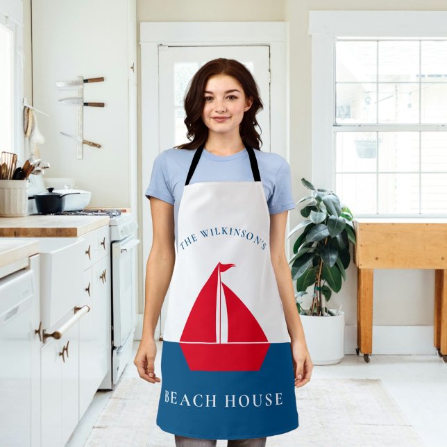 Personalised minimal nautical summer house  apron (modern nautical personalized beach house kitchen apron , modern stylish and minimalistic )