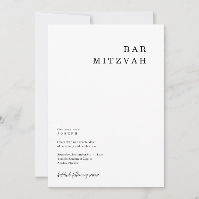 Personalised Minimalist Bar Mitzvah Invitation (Front)
