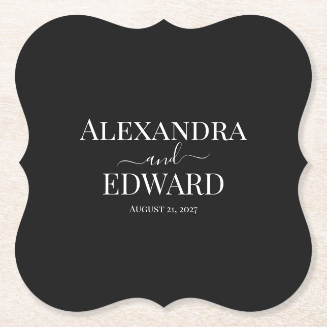  Personalised Minimalist Black and White Wedding Paper Coaster (Front)