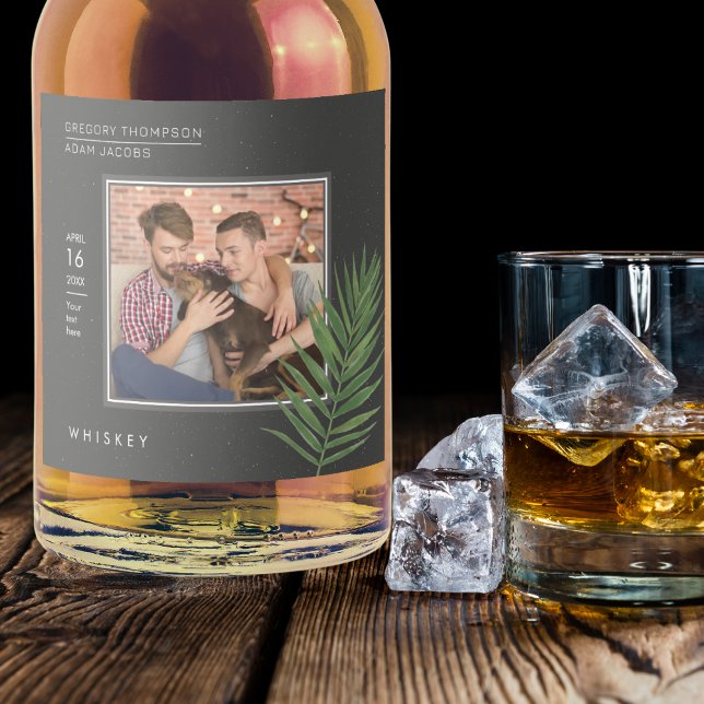 Personalised Minimalist Black Tropical Palm Photo Liquor Bottle Label (Creator Uploaded)