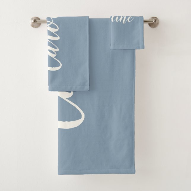 Personalised Minimalist Calligraphy Name in Blue  Bath Towel Set (Insitu)