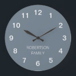 Personalised Minimalist Cool Grey Wall Clock<br><div class="desc">This modern Personalised Minimalist Cool Grey Wall Clock is easy to personalise by typing your choice of family name or similar wording into the personalisation template before ordering. The design features the numbers and personalisation in white on a simple plain cool grey background so that the time can easily be...</div>