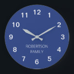Personalised Minimalist Dark Blue Wall Clock<br><div class="desc">This modern Personalised Minimalist Dark Blue Wall Clock is easy to personalise by typing your choice of family name or similar wording into the personalisation template before ordering. The design features the numbers and personalisation in white on a simple plain dark blue background so that the time can easily be...</div>