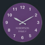 Personalised Minimalist Dark Purple Wall Clock<br><div class="desc">This modern Personalised Minimalist Dark Purple Wall Clock is easy to personalise by typing your choice of family name or similar wording into the personalisation template before ordering. The design features the numbers and personalisation in white on a simple plain dark purple background so that the time can easily be...</div>