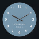 Personalised Minimalist Dusty Blue Wall Clock<br><div class="desc">This modern Personalised Minimalist Dusty Blue Wall Clock is easy to personalise by typing your choice of family name or similar wording into the personalisation template before ordering. The design features the numbers and personalisation in white on a simple plain "dusty blue" background so that the time can easily be...</div>