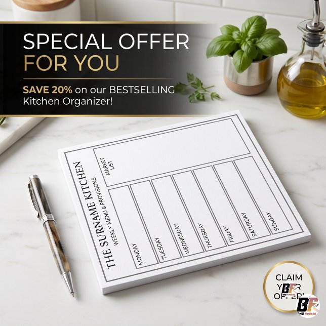 Personalised Minimalist Family Kitchen Weekly Menu Notepad (#ForYou)