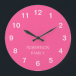 Personalised Minimalist Hot Pink Wall Clock<br><div class="desc">This modern Personalised Minimalist Hot Pink Wall Clock is easy to personalise by typing your choice of family name or similar wording into the personalisation template before ordering. The design features the numbers and personalisation on a simple plain "hot pink" background so that the time can easily be seen by...</div>